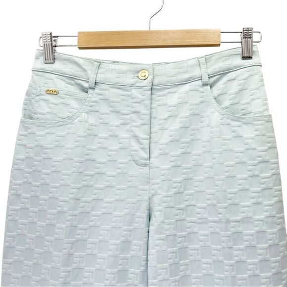 St. John Sport Aqua Blue Textured Pants Size 2 Straight Leg Logo Jacquard VTG - Picture 5 of 12